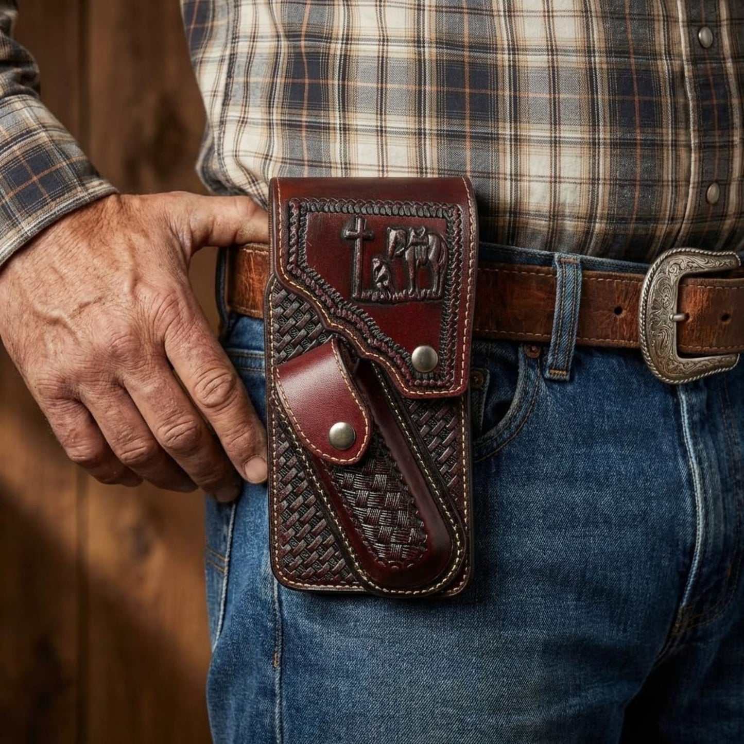 7" COWBOY PRAYER POUCH & KNIFE LEATHER HOLSTER XTRA LARGE  BELT LOOP CELL PHONE CASE UNIVERSAL OVERSIZE #EH13245