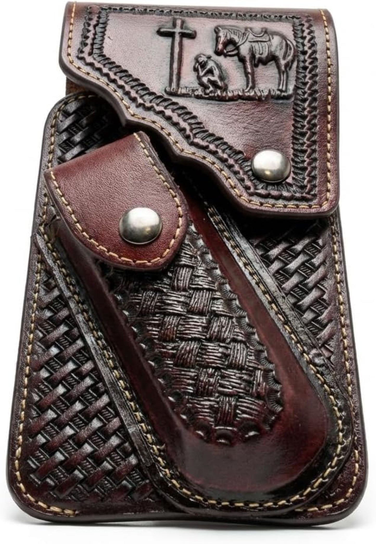 7" COWBOY PRAYER POUCH & KNIFE LEATHER HOLSTER XTRA LARGE  BELT LOOP CELL PHONE CASE UNIVERSAL OVERSIZE #EH13245