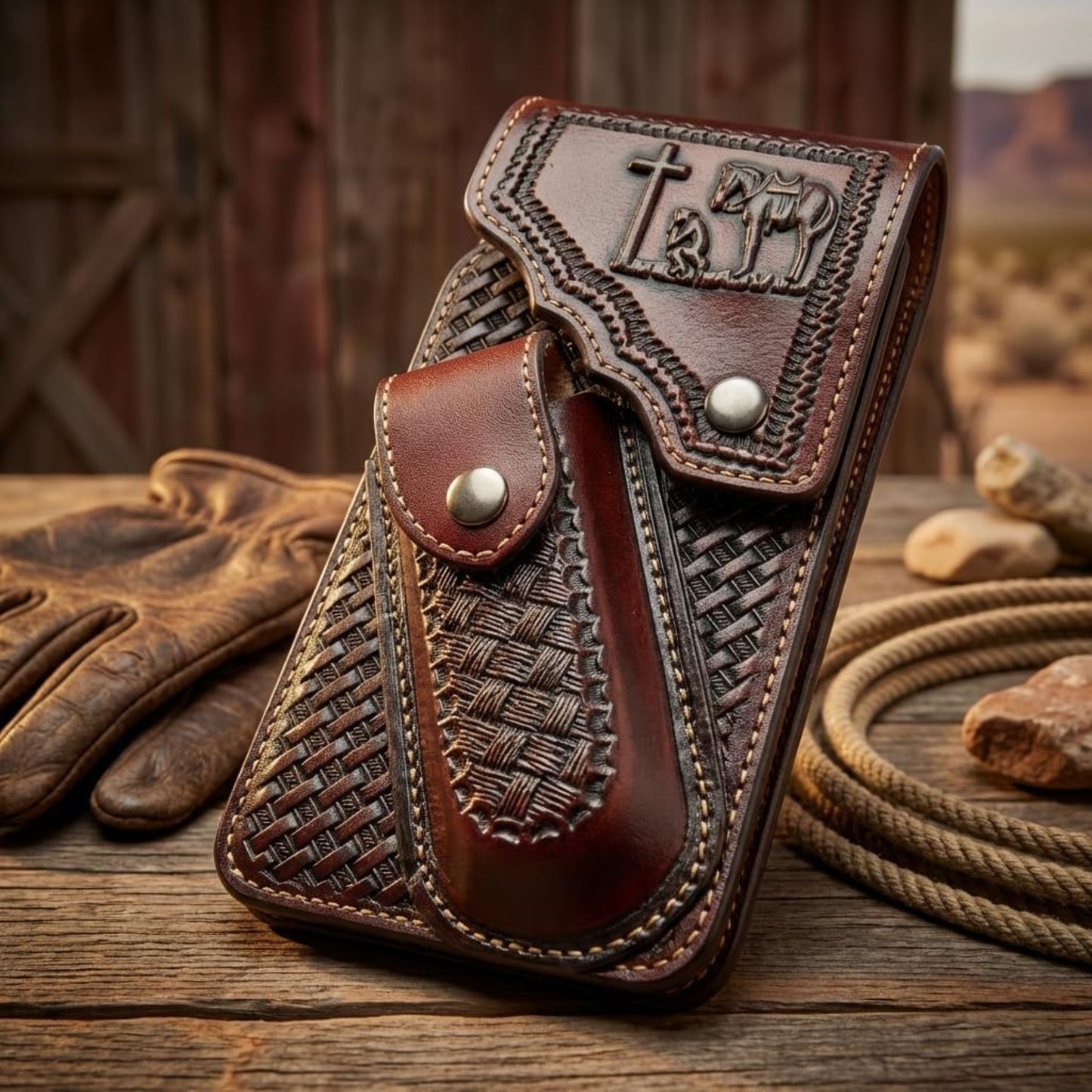 7" COWBOY PRAYER POUCH & KNIFE LEATHER HOLSTER XTRA LARGE  BELT LOOP CELL PHONE CASE UNIVERSAL OVERSIZE #EH13245