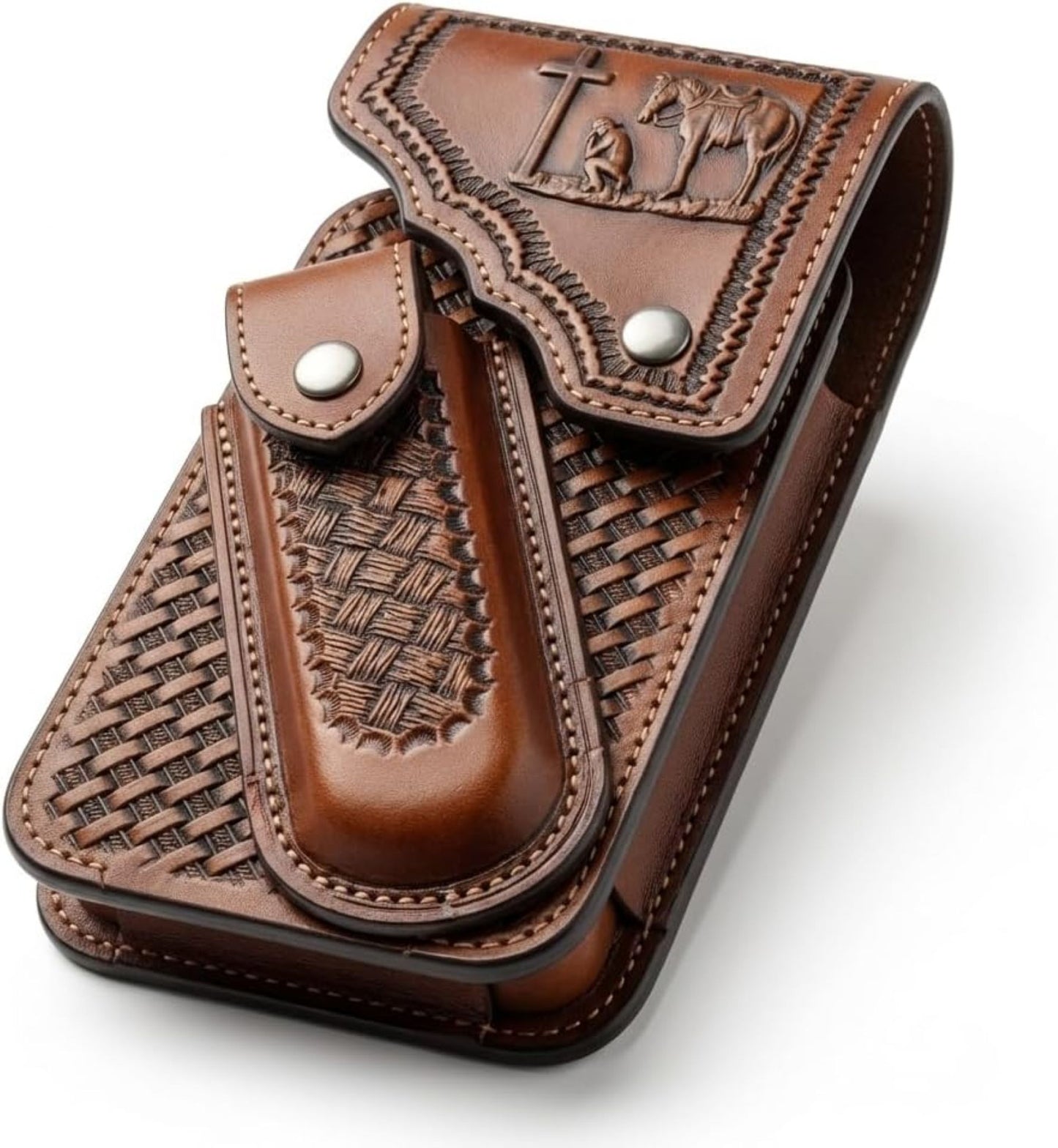 7" COWBOY PRAYER POUCH & KNIFE LEATHER HOLSTER XTRA LARGE  BELT LOOP CELL PHONE CASE UNIVERSAL OVERSIZE #EH13245