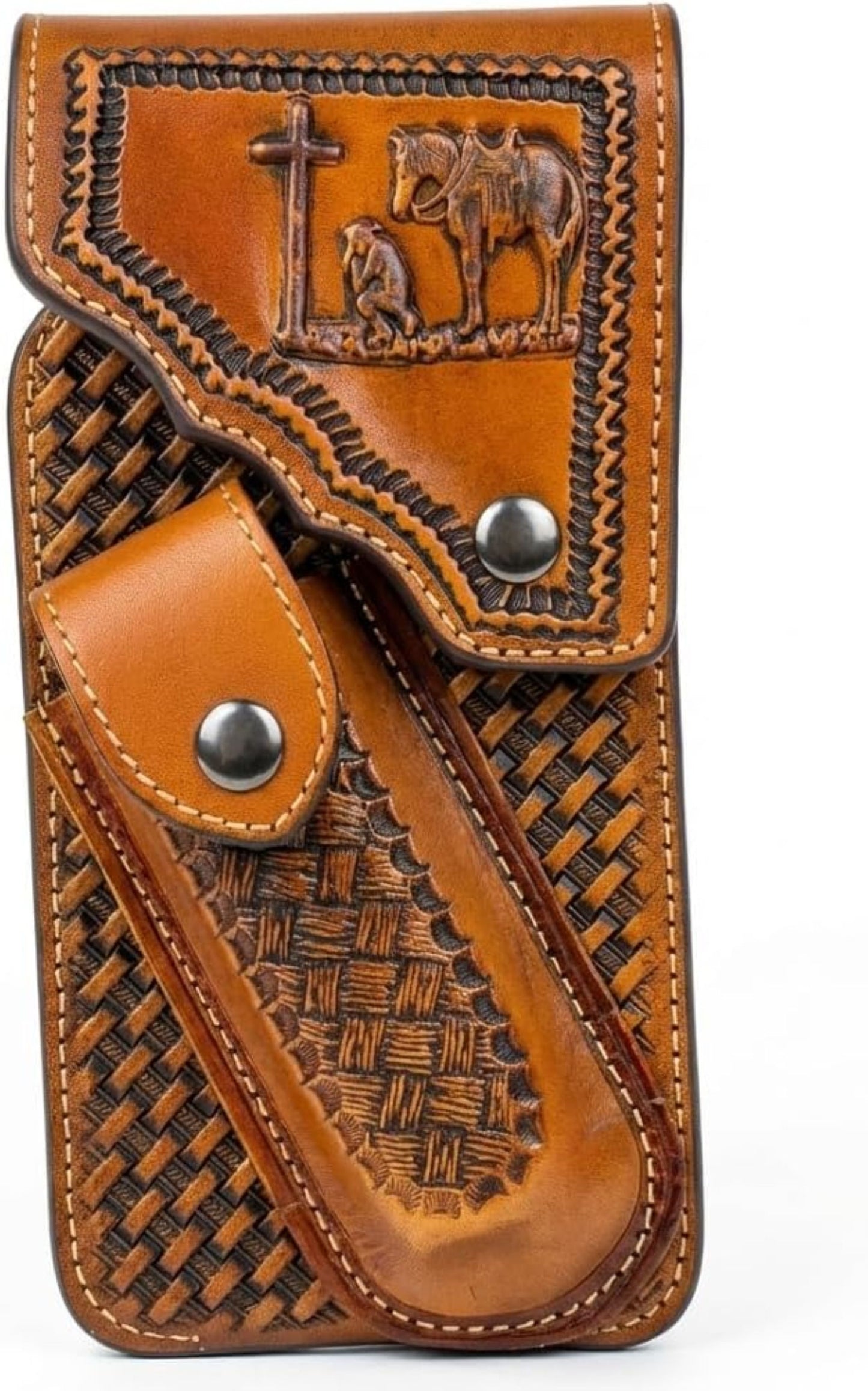 7" COWBOY PRAYER POUCH & KNIFE LEATHER HOLSTER XTRA LARGE  BELT LOOP CELL PHONE CASE UNIVERSAL OVERSIZE #EH13245