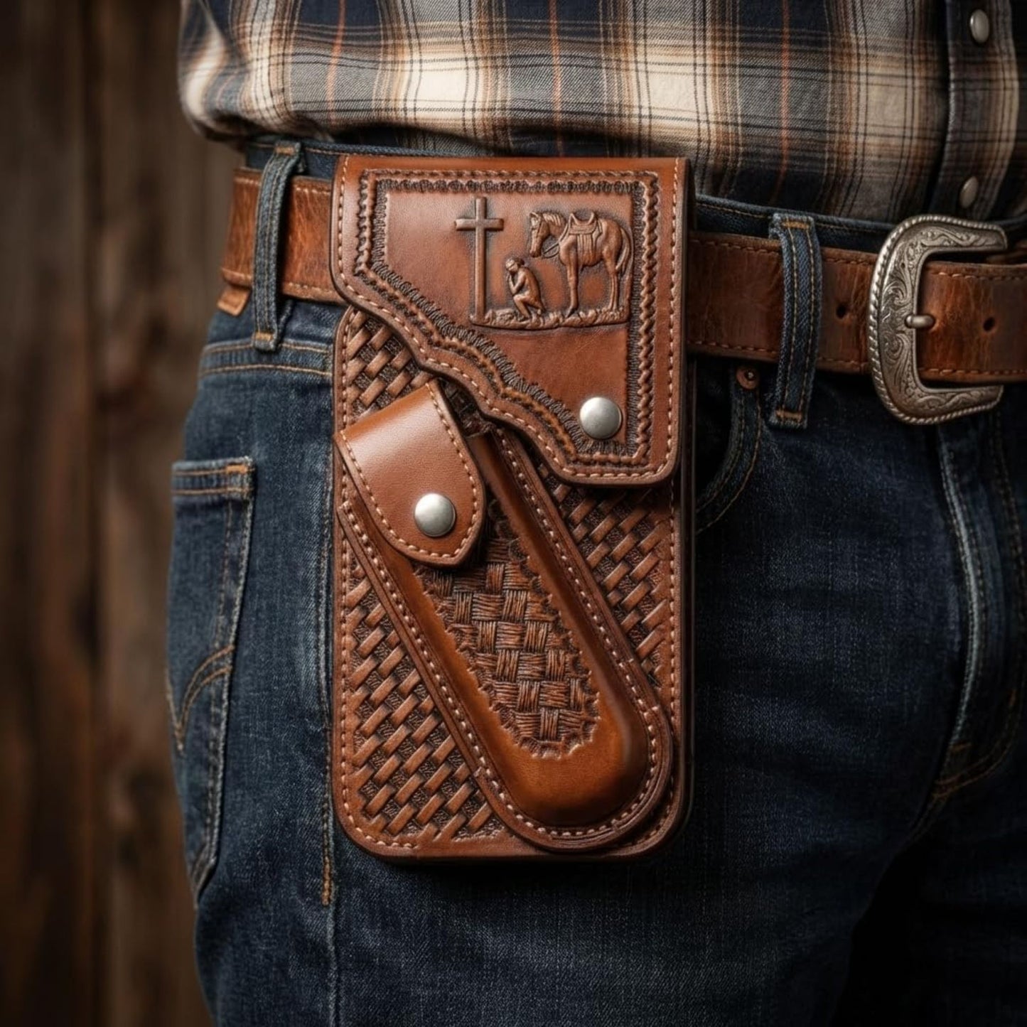 7" COWBOY PRAYER POUCH & KNIFE LEATHER HOLSTER XTRA LARGE  BELT LOOP CELL PHONE CASE UNIVERSAL OVERSIZE #EH13245