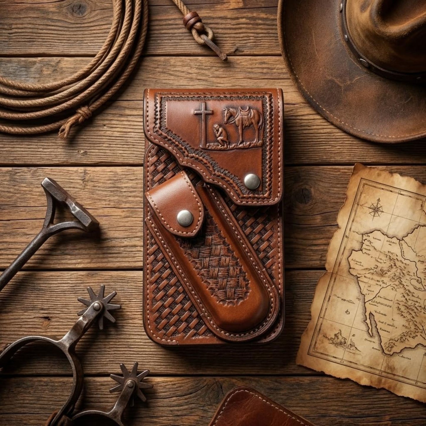 7" COWBOY PRAYER POUCH & KNIFE LEATHER HOLSTER XTRA LARGE  BELT LOOP CELL PHONE CASE UNIVERSAL OVERSIZE #EH13245