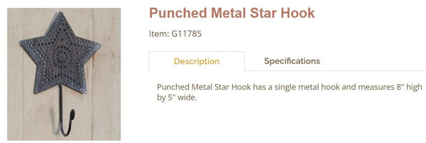 5.75" PUNCHED METAL STAR HOOK FOR METAL BARN STAR HANG WALL ART WESTERN HOME  DECOR HANDMADE #G11785