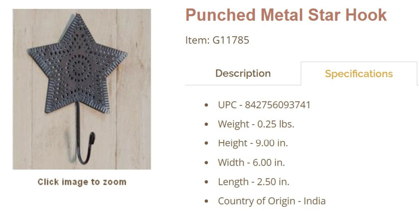 5.75" PUNCHED METAL STAR HOOK FOR METAL BARN STAR HANG WALL ART WESTERN HOME  DECOR HANDMADE #G11785