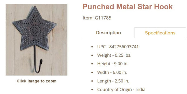 5.75" PUNCHED METAL STAR HOOK FOR METAL BARN STAR HANG WALL ART WESTERN HOME  DECOR HANDMADE #G11785