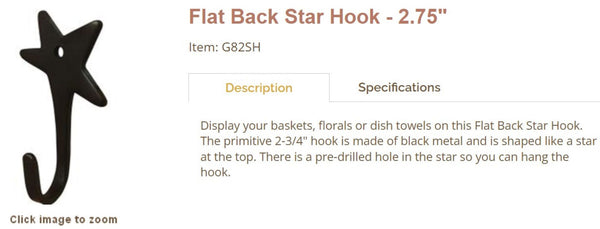 2.50" FLAT BLACK STAR HOOK FOR METAL BARN STAR HANG WALL ART WESTERN HOME  DECOR HANDMADE #G82SH