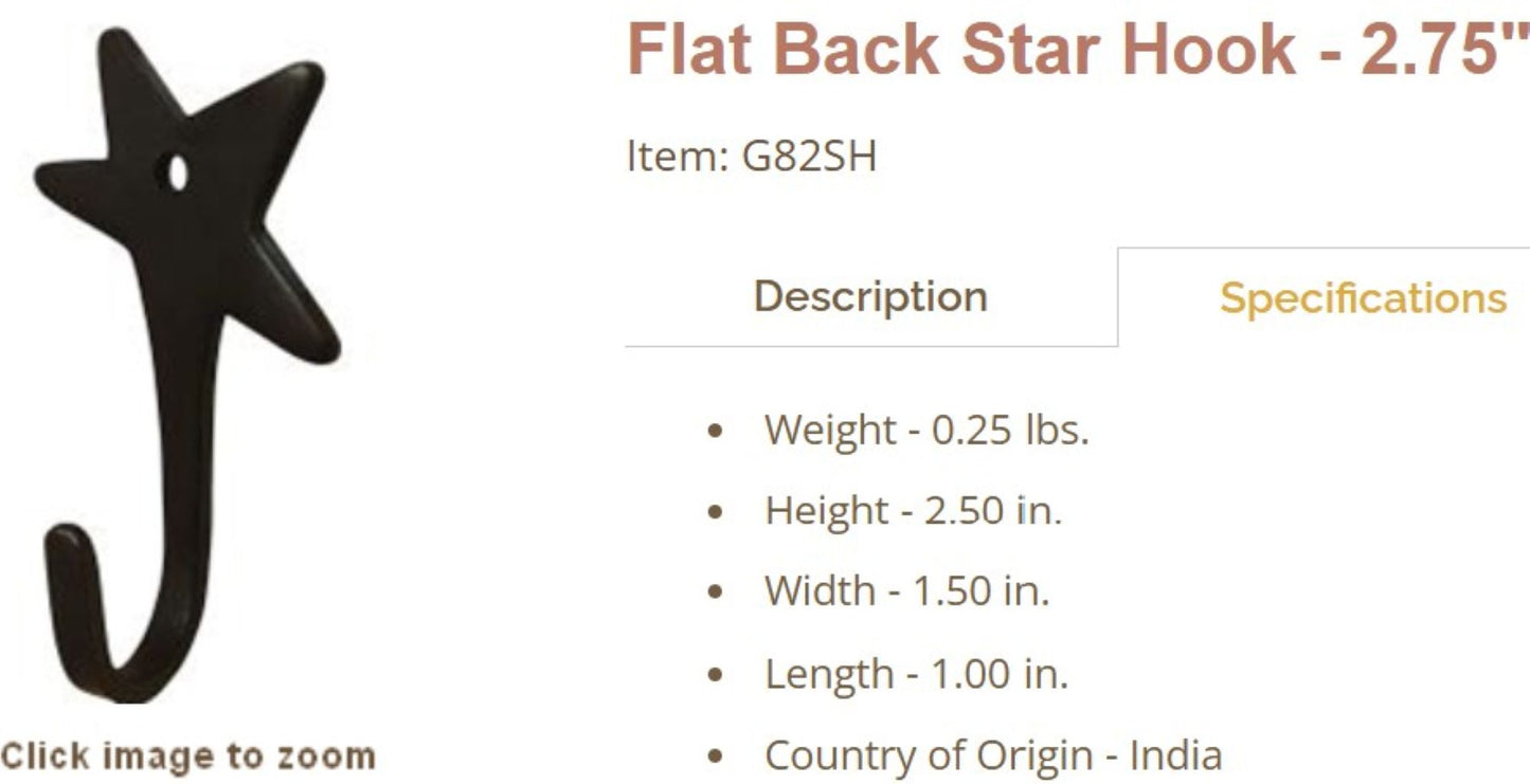 2.50" FLAT BLACK STAR HOOK FOR METAL BARN STAR HANG WALL ART WESTERN HOME  DECOR HANDMADE #G82SH