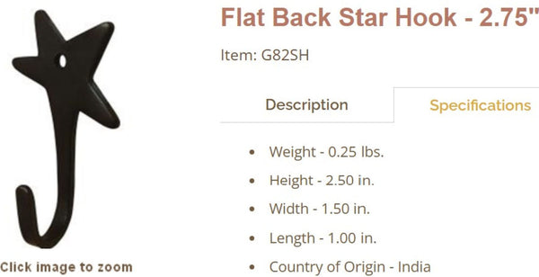 2.50" FLAT BLACK STAR HOOK FOR METAL BARN STAR HANG WALL ART WESTERN HOME  DECOR HANDMADE #G82SH