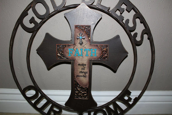 FAITH CROSS 24" GOD BLESS OUR HOME METAL SIGN WITH RESIN CROSS WALL DECOR WESTERN HOME DECOR NEW HANDMADE #EH12944