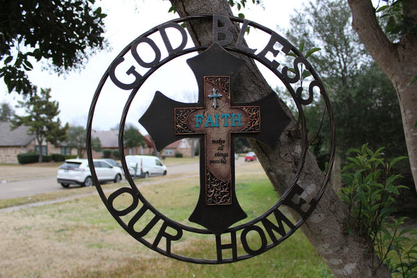 FAITH CROSS 24" GOD BLESS OUR HOME METAL SIGN WITH RESIN CROSS WALL DECOR WESTERN HOME DECOR NEW HANDMADE #EH12944