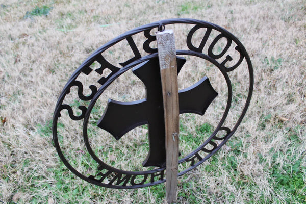 FAITH CROSS 24" GOD BLESS OUR HOME METAL SIGN WITH RESIN CROSS WALL DECOR WESTERN HOME DECOR NEW HANDMADE #EH12944