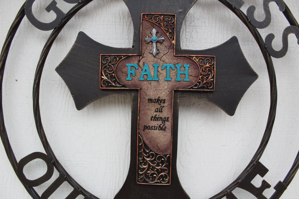 FAITH CROSS 24" GOD BLESS OUR HOME METAL SIGN WITH RESIN CROSS WALL DECOR WESTERN HOME DECOR NEW HANDMADE #EH12944