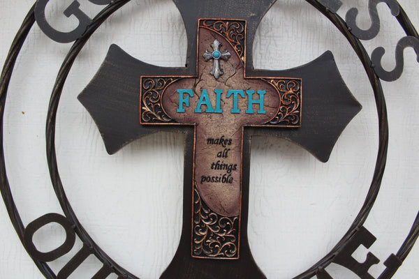 FAITH CROSS 24" GOD BLESS OUR HOME METAL SIGN WITH RESIN CROSS WALL DECOR WESTERN HOME DECOR NEW HANDMADE #EH12944