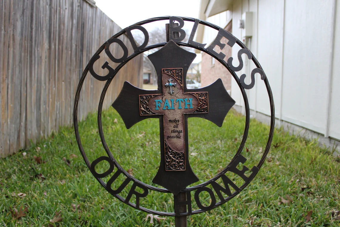 FAITH CROSS 24" GOD BLESS OUR HOME METAL SIGN WITH RESIN CROSS WALL DECOR WESTERN HOME DECOR NEW HANDMADE #EH12944