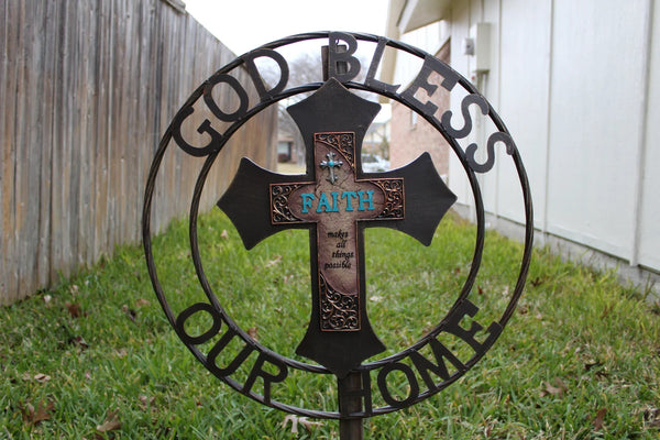 FAITH CROSS 24" GOD BLESS OUR HOME METAL SIGN WITH RESIN CROSS WALL DECOR WESTERN HOME DECOR NEW HANDMADE #EH12944
