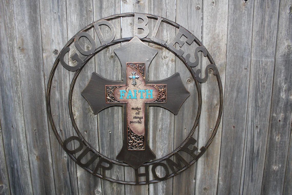 FAITH CROSS 24" GOD BLESS OUR HOME METAL SIGN WITH RESIN CROSS WALL DECOR WESTERN HOME DECOR NEW HANDMADE #EH12944