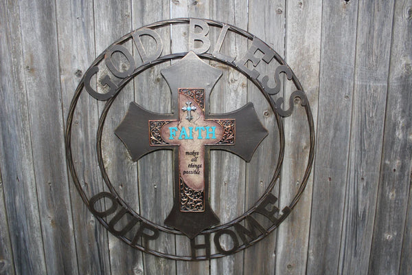 FAITH CROSS 24" GOD BLESS OUR HOME METAL SIGN WITH RESIN CROSS WALL DECOR WESTERN HOME DECOR NEW HANDMADE #EH12944
