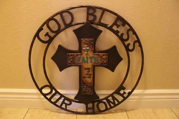 FAITH CROSS 24" GOD BLESS OUR HOME METAL SIGN WITH RESIN CROSS WALL DECOR WESTERN HOME DECOR NEW HANDMADE #EH12944