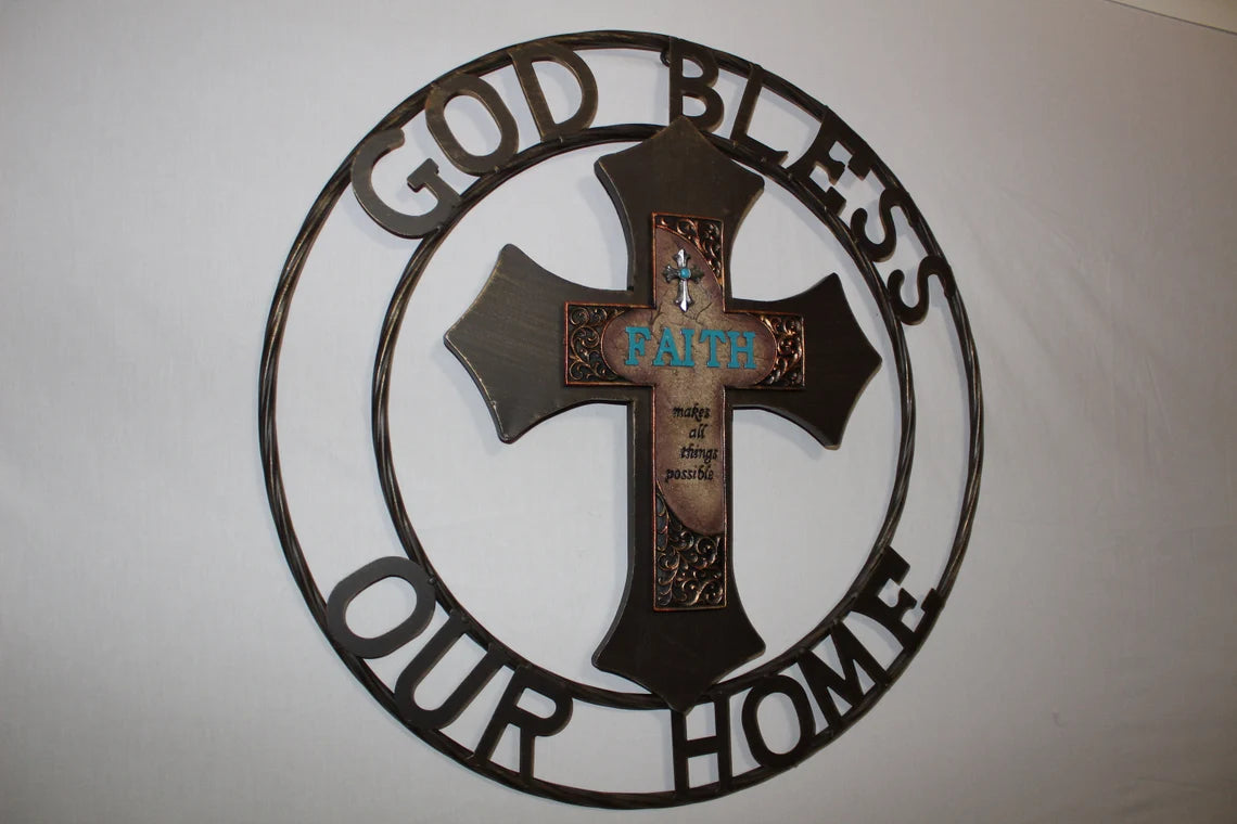 FAITH CROSS 24" GOD BLESS OUR HOME METAL SIGN WITH RESIN CROSS WALL DECOR WESTERN HOME DECOR NEW HANDMADE #EH12944