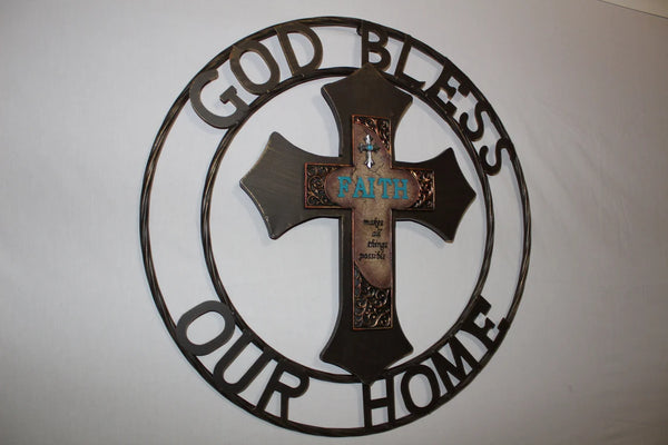 FAITH CROSS 24" GOD BLESS OUR HOME METAL SIGN WITH RESIN CROSS WALL DECOR WESTERN HOME DECOR NEW HANDMADE #EH12944