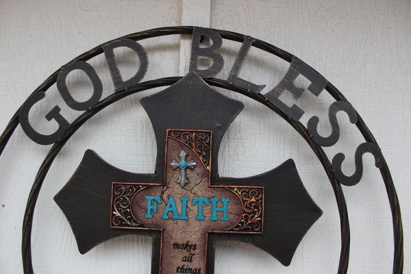 FAITH CROSS 24" GOD BLESS OUR HOME METAL SIGN WITH RESIN CROSS WALL DECOR WESTERN HOME DECOR NEW HANDMADE #EH12944