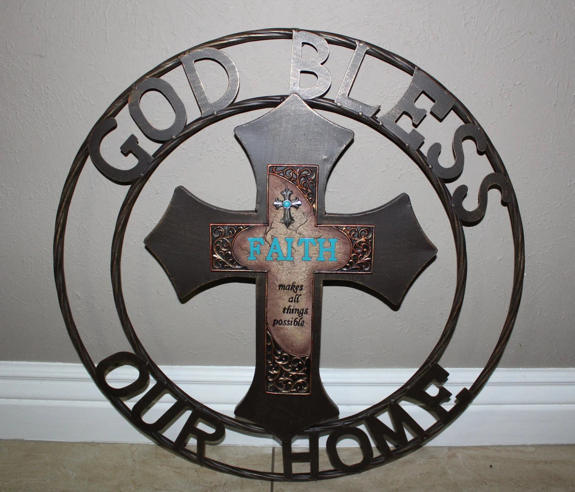 FAITH CROSS 24" GOD BLESS OUR HOME METAL SIGN WITH RESIN CROSS WALL DECOR WESTERN HOME DECOR NEW HANDMADE #EH12944