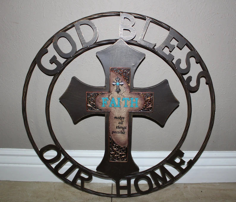 FAITH CROSS 24" GOD BLESS OUR HOME METAL SIGN WITH RESIN CROSS WALL DECOR WESTERN HOME DECOR NEW HANDMADE #EH12944