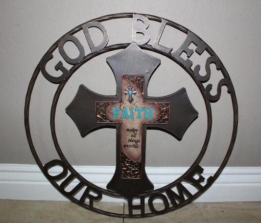 FAITH CROSS 24" GOD BLESS OUR HOME METAL SIGN WITH RESIN CROSS WALL DECOR WESTERN HOME DECOR NEW HANDMADE #EH12944