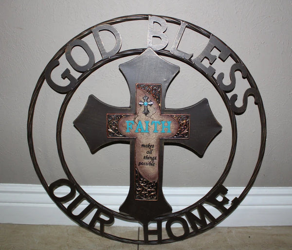 FAITH CROSS 24" GOD BLESS OUR HOME METAL SIGN WITH RESIN CROSS WALL DECOR WESTERN HOME DECOR NEW HANDMADE #EH12944
