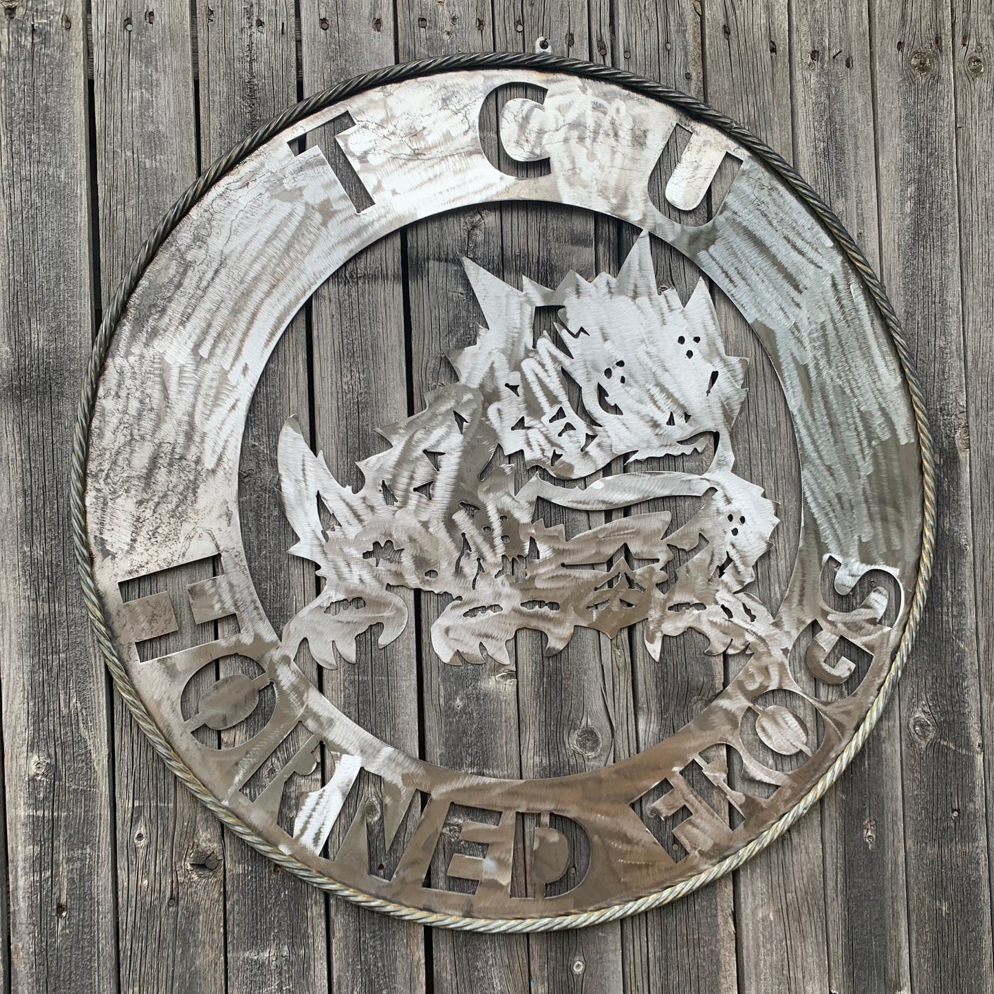 32" TCU HORNED FROGS CUSTOM RAW METAL VINTAGE CRAFT WIDE BAND RING TEAM SIGN HANDMADE