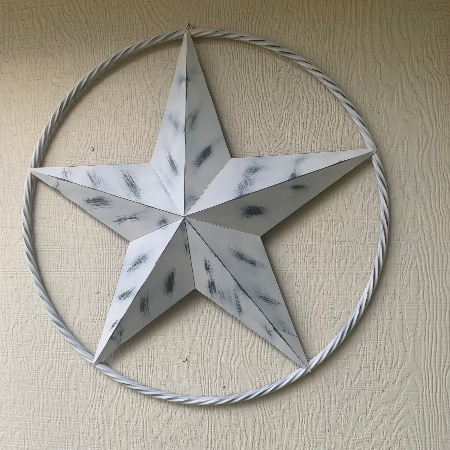WHITE DISTRESSED STAR STYLE# 1 RUSTIC BARN LONE STAR ROPE RING METAL WALL ART