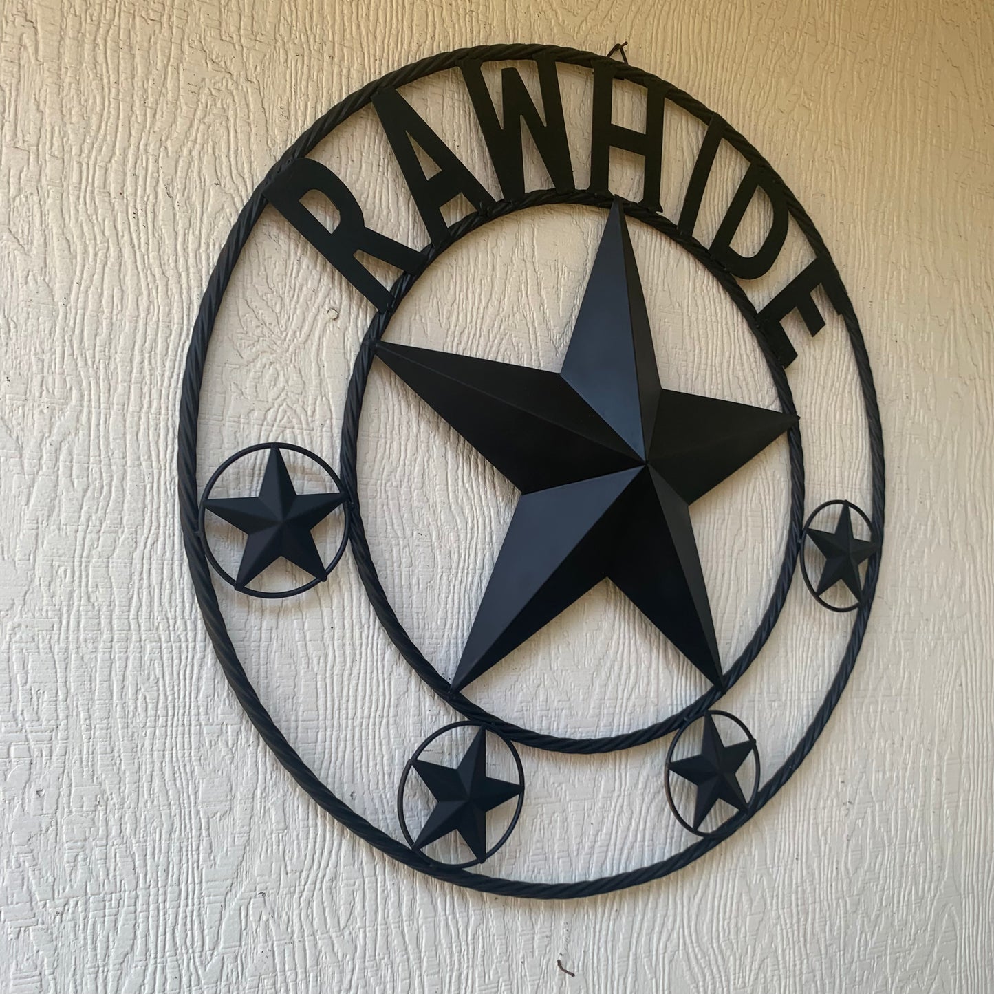 RAWHIDE STYLE CUSTOM STAR RUSTIC BLACK NAME BARN METAL STAR 3d TWISTED ROPE RING WESTERN HOME DECOR HANDMADE