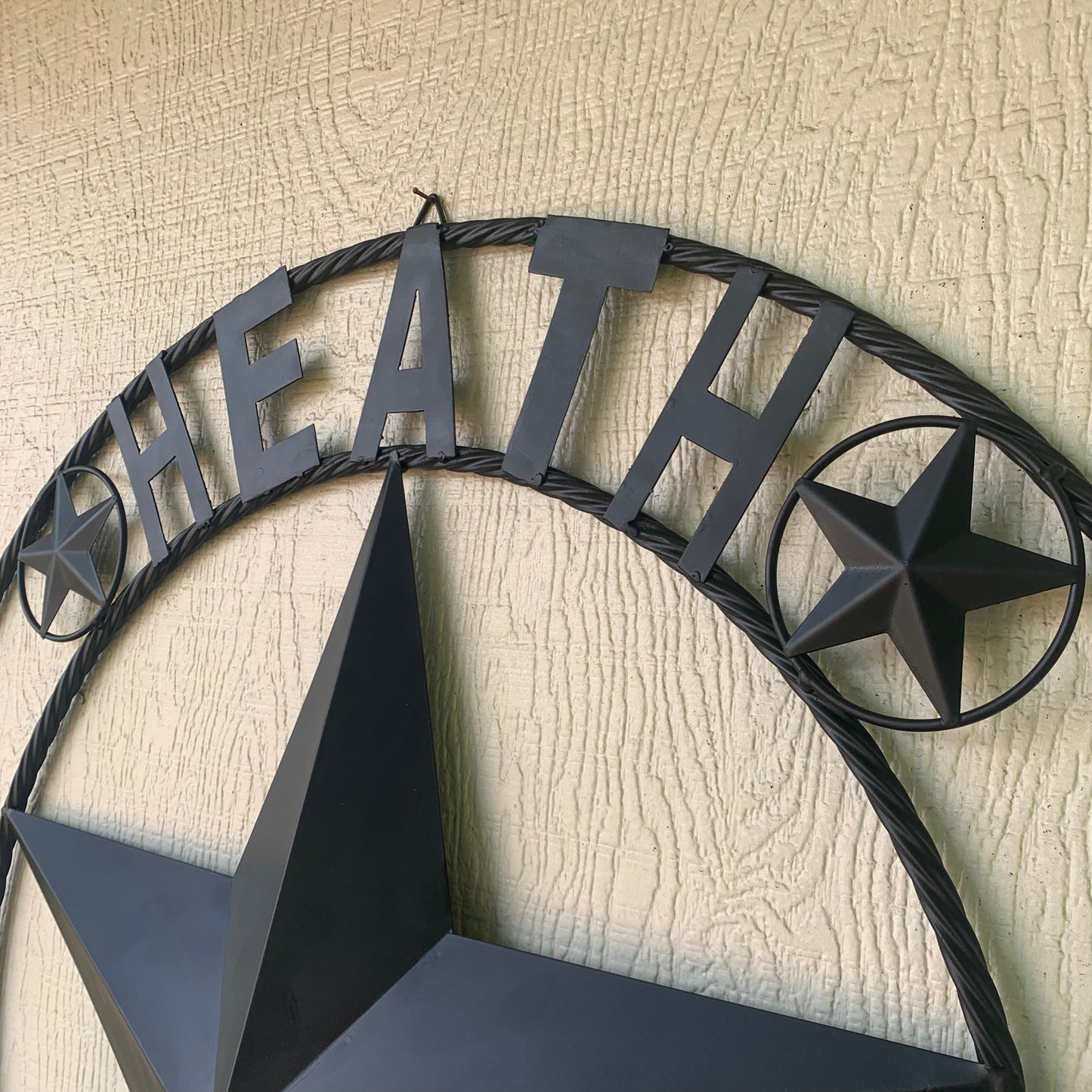 HEATH TEXAS STYLE CUSTOM STAR NAME BARN METAL STAR 3d TWISTED ROPE RING WESTERN HOME DECOR HANDMADE RUSTIC BLACK 24",32",34",36",40",42",44",46",50"