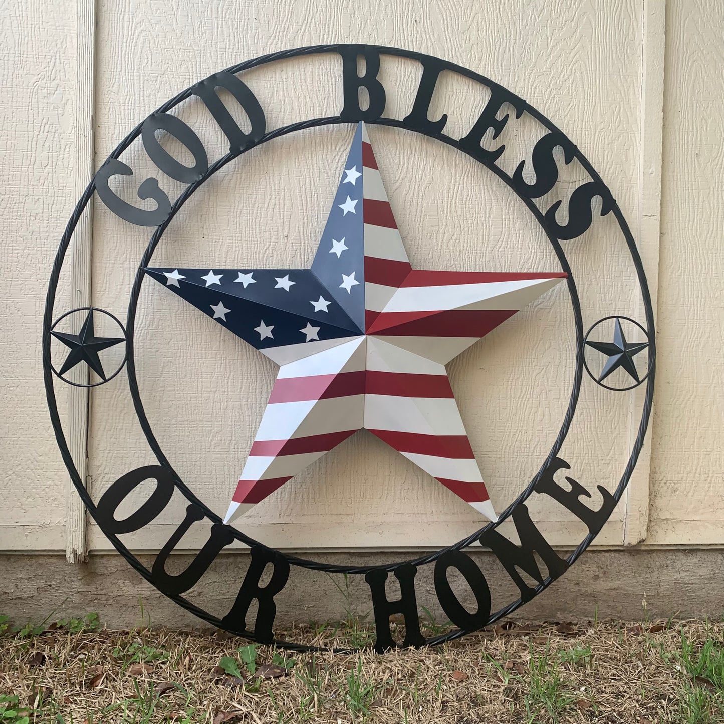 GOD BLESS OUR HOME USA FLAG STAR METAL BARN STAR TWISTED ROPE RING WALL ART WESTERN HOME DECOR RUSTIC RED WHITE & BLUE WITH BLACK RING HANDMADE NEW