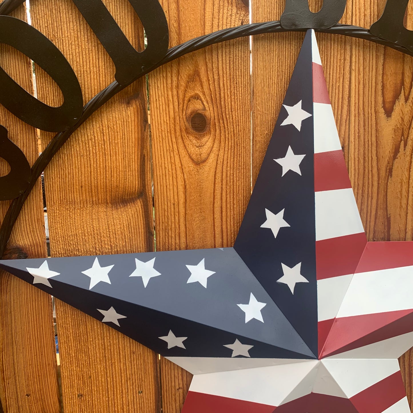 GOD BLESS OUR HOME USA FLAG STAR METAL BARN STAR TWISTED ROPE RING WALL ART WESTERN HOME DECOR RUSTIC RED WHITE & BLUE WITH BLACK RING HANDMADE NEW