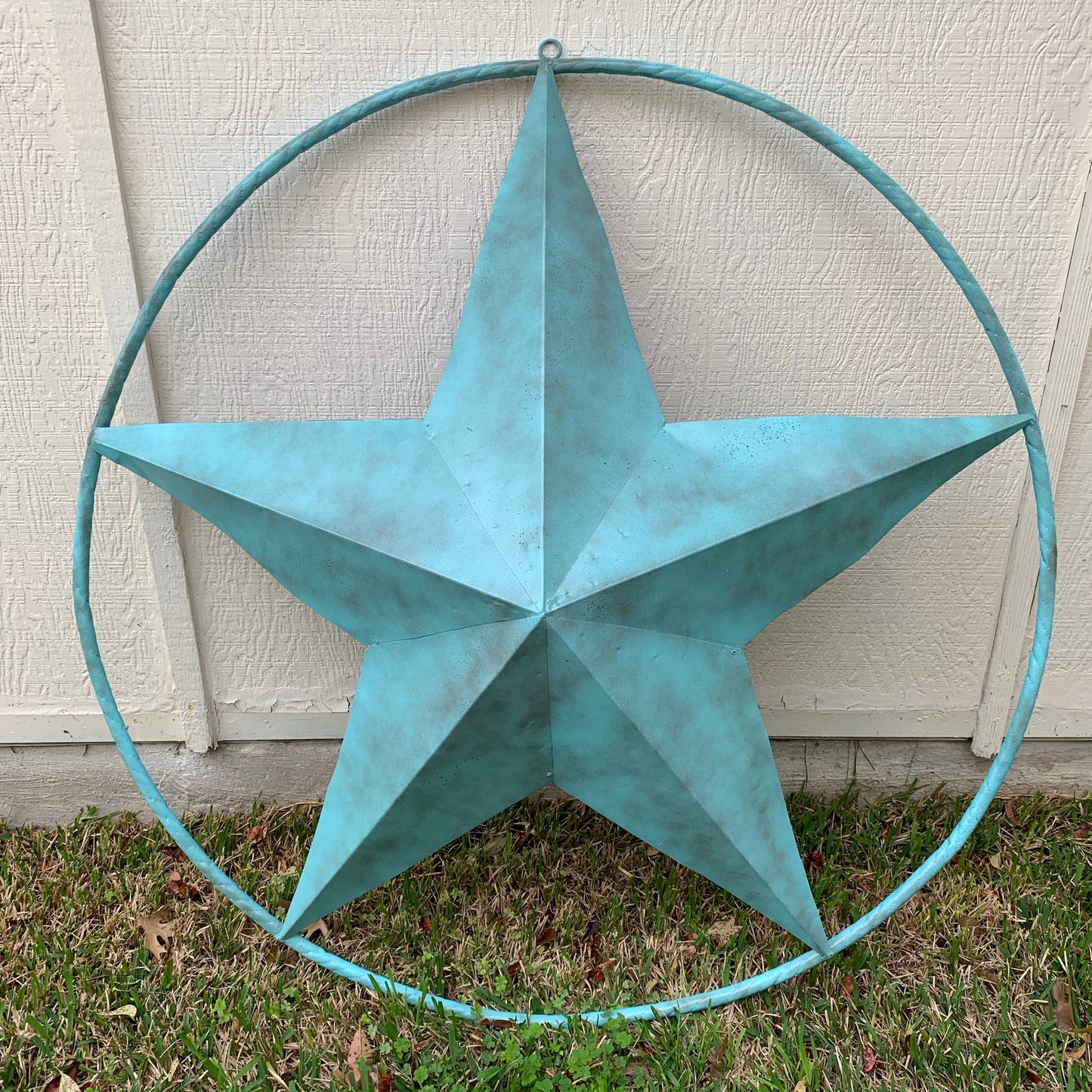 #EH10486 TURQUOISE DISTRESSED LIGHT TWO TONE BARN STAR METAL LONESTAR TWISTED ROPE RING WETSERN HOME DECOR HANDMADE NEW