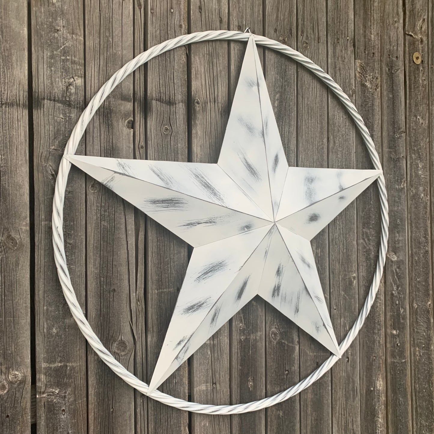 WHITE DISTRESSED STAR STYLE# 1 RUSTIC BARN LONE STAR ROPE RING METAL WALL ART