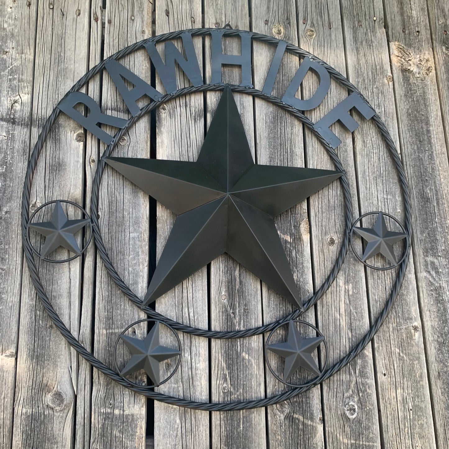 RAWHIDE STYLE CUSTOM STAR RUSTIC BLACK NAME BARN METAL STAR 3d TWISTED ROPE RING WESTERN HOME DECOR HANDMADE