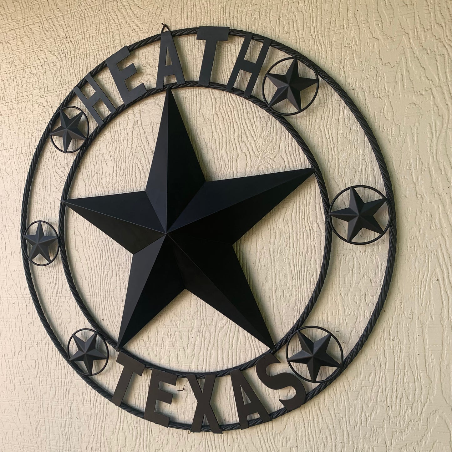 HEATH TEXAS STYLE CUSTOM STAR NAME BARN METAL STAR 3d TWISTED ROPE RING WESTERN HOME DECOR HANDMADE RUSTIC BLACK 24",32",34",36",40",42",44",46",50"