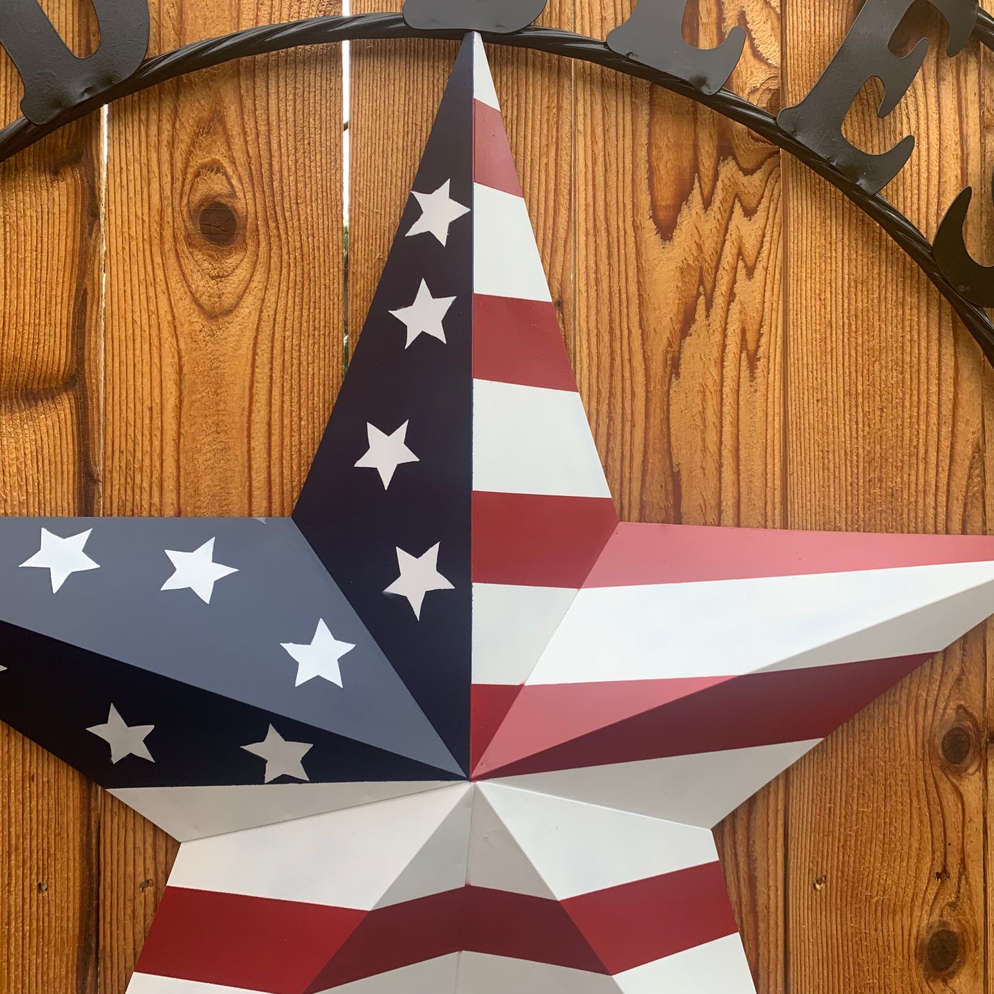 GOD BLESS OUR HOME USA FLAG STAR METAL BARN STAR TWISTED ROPE RING WALL ART WESTERN HOME DECOR RUSTIC RED WHITE & BLUE WITH BLACK RING HANDMADE NEW