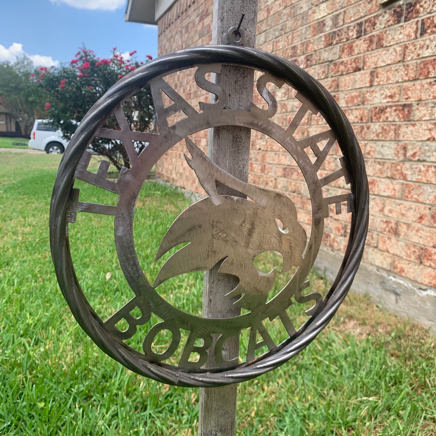 12" TEXAS STATE BOBCATS CUSTOM RAW METAL VINTAGE CRAFT SIGN TEAM ART HANDMADE IN TEXAS