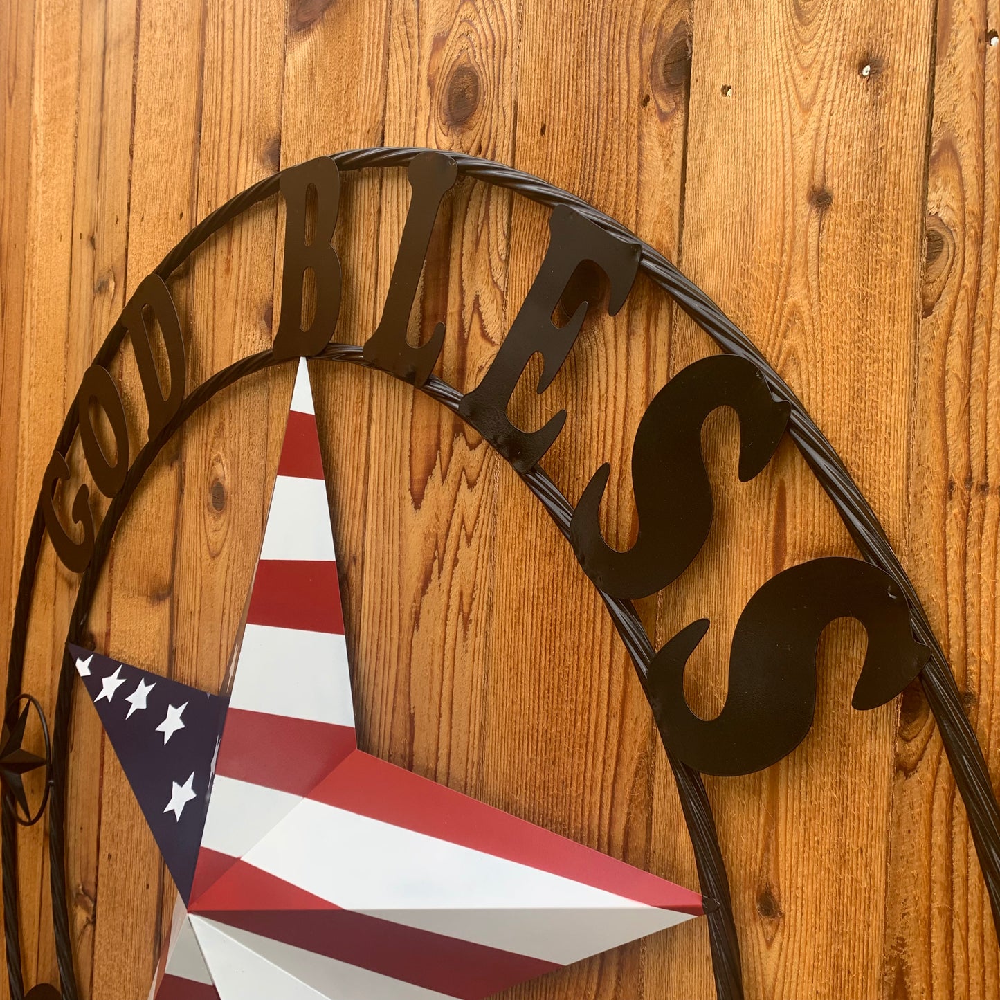 GOD BLESS OUR HOME USA FLAG STAR METAL BARN STAR TWISTED ROPE RING WALL ART WESTERN HOME DECOR RUSTIC RED WHITE & BLUE WITH BLACK RING HANDMADE NEW