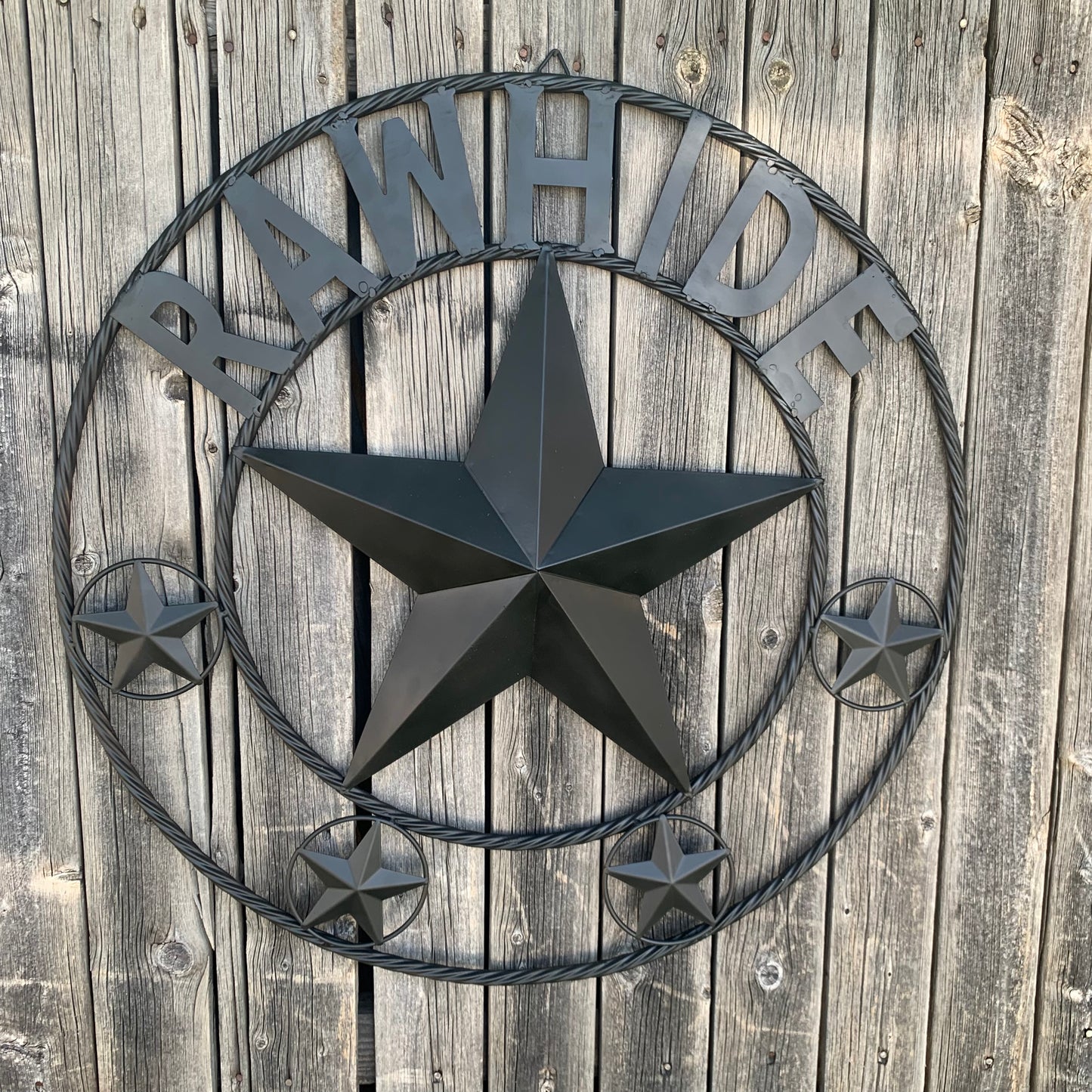 RAWHIDE STYLE CUSTOM STAR RUSTIC BLACK NAME BARN METAL STAR 3d TWISTED ROPE RING WESTERN HOME DECOR HANDMADE