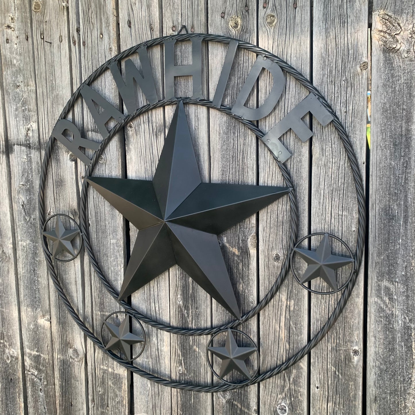 RAWHIDE STYLE CUSTOM STAR RUSTIC BLACK NAME BARN METAL STAR 3d TWISTED ROPE RING WESTERN HOME DECOR HANDMADE