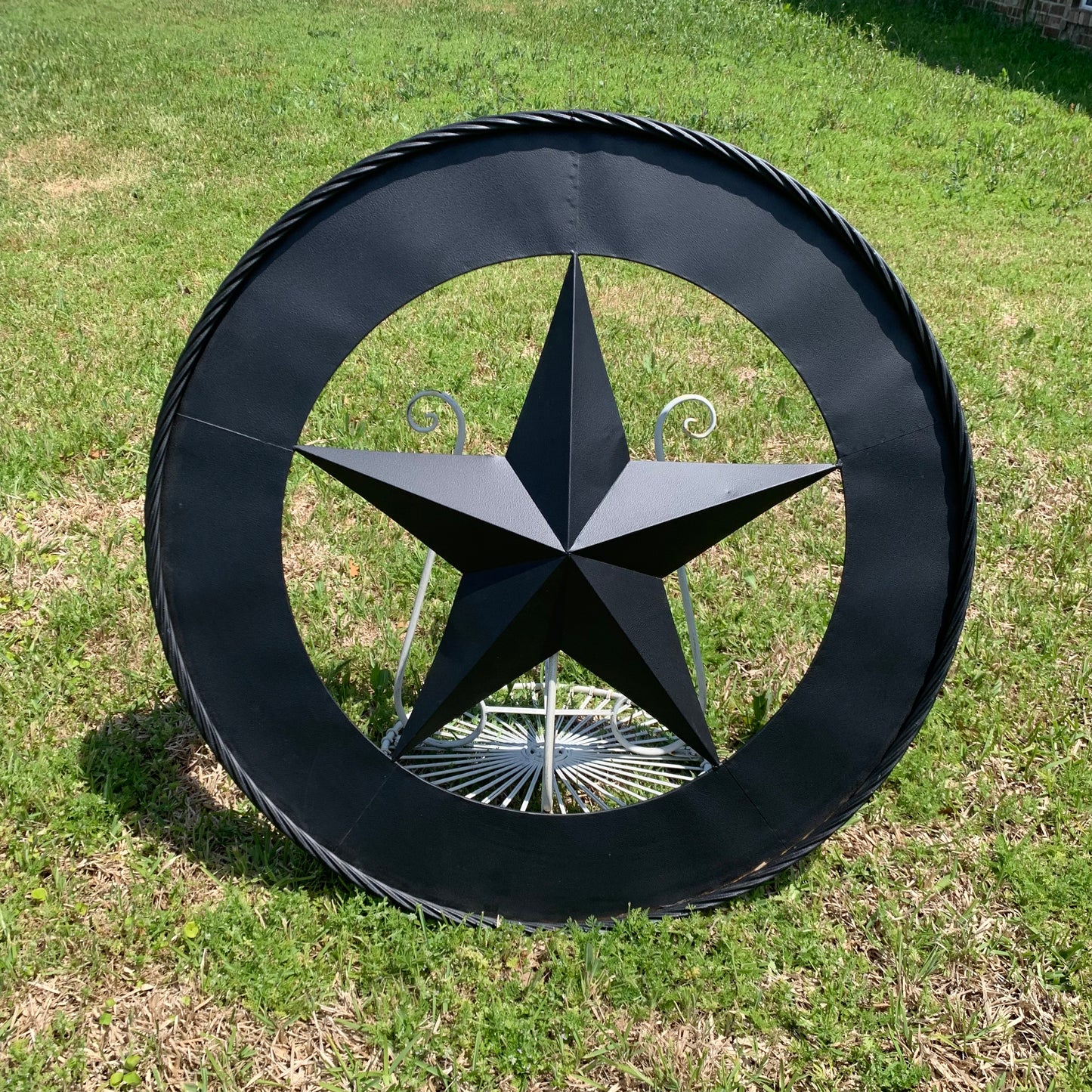 36" RUSTIC BLACK LONE STAR WIDE BAND RING TWISTED ROPE RING 3d METAL STAR WALL ART WESTERN HOME DECOR HANDMADE NEW #EH11879