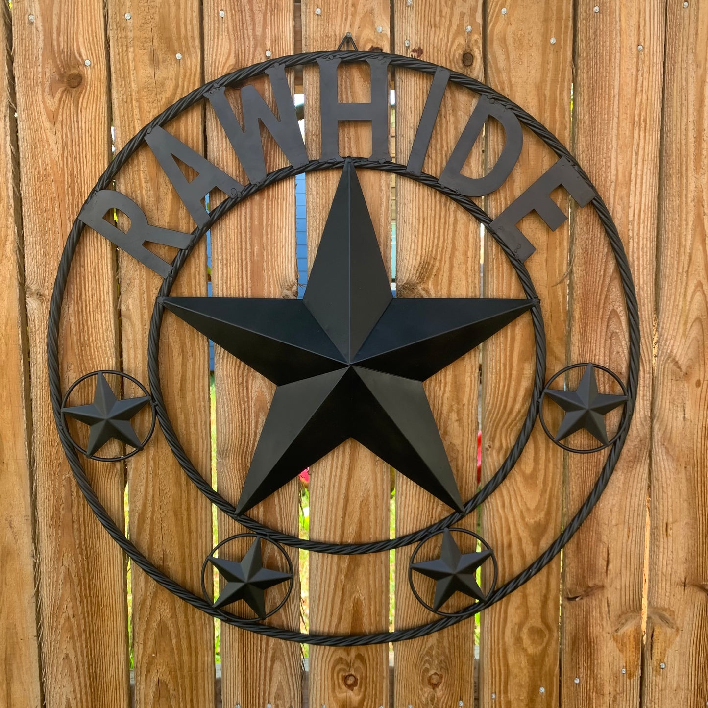 RAWHIDE STYLE CUSTOM STAR RUSTIC BLACK NAME BARN METAL STAR 3d TWISTED ROPE RING WESTERN HOME DECOR HANDMADE