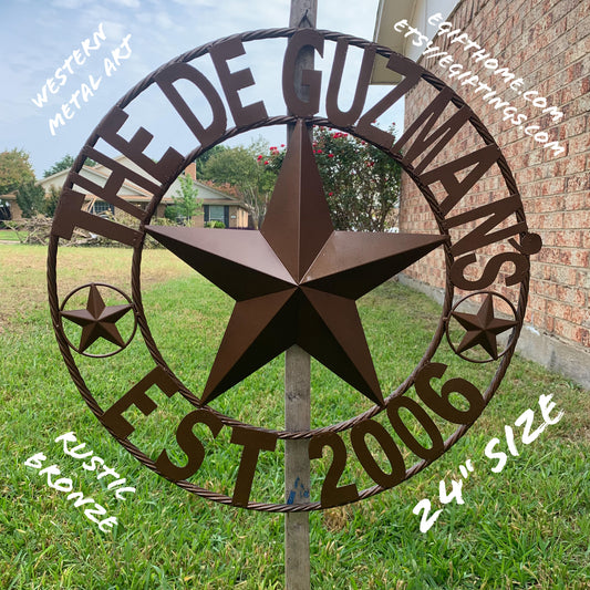 GUZMAN STYLE CUSTOM STAR NAME BARN METAL STAR 3d TWISTED ROPE RING WESTERN HOME DECOR RUSTIC  BRONZE HANDMADE 24",32",34",36",40",42",44",46",50"