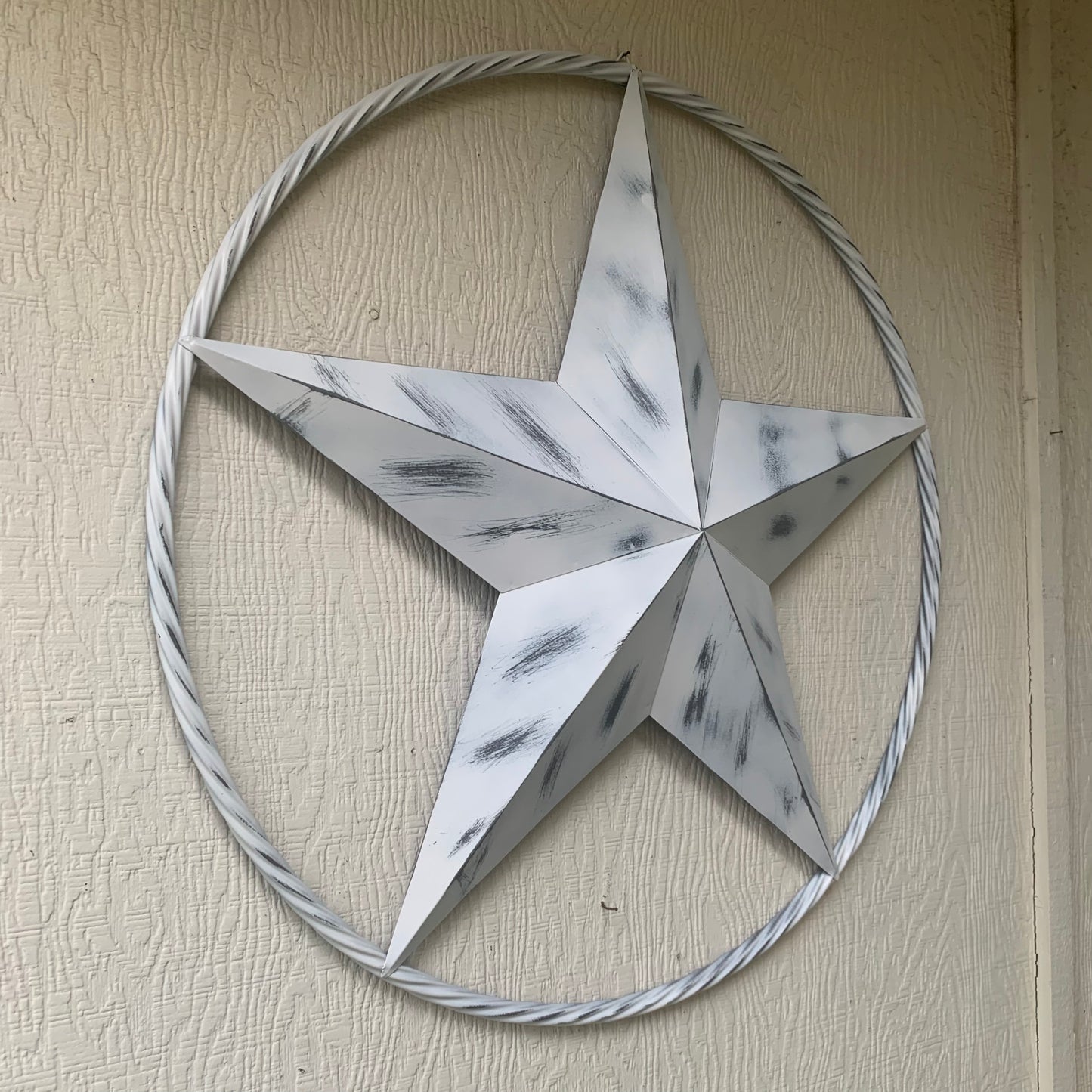 WHITE DISTRESSED STAR STYLE# 1 RUSTIC BARN LONE STAR ROPE RING METAL WALL ART