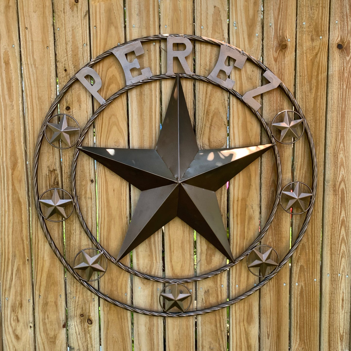 PEREZ CUSTOM STAR NAME BARN METAL STAR 3d TWISTED ROPE RING WESTERN HOME DECOR RUSTIC  BRONZE HANDMADE 24",32",34",36",40",42",44",46",50"